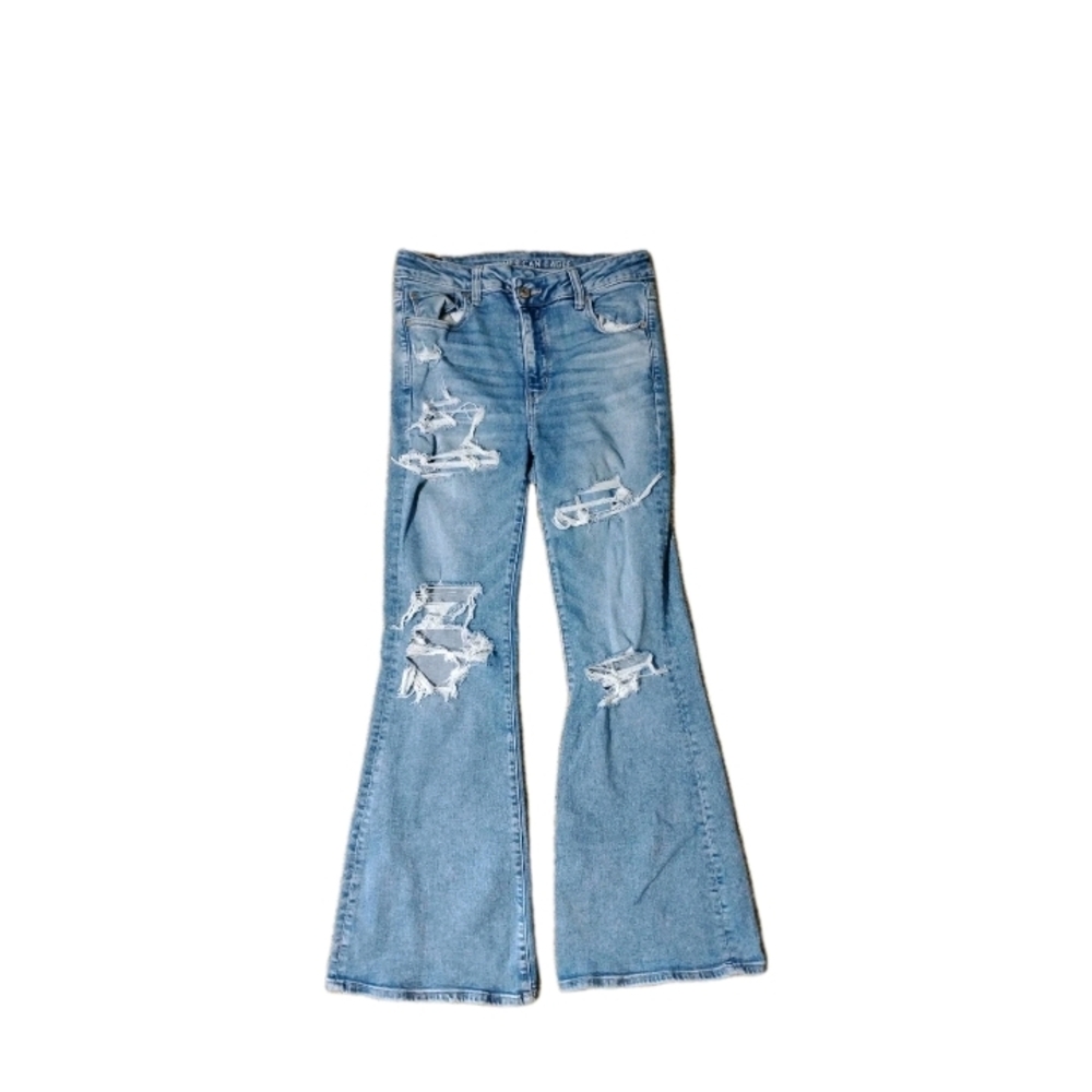 Share American Eagle Jeans Super Hi-Rise Flare Ripped Distressed Women's Size 10